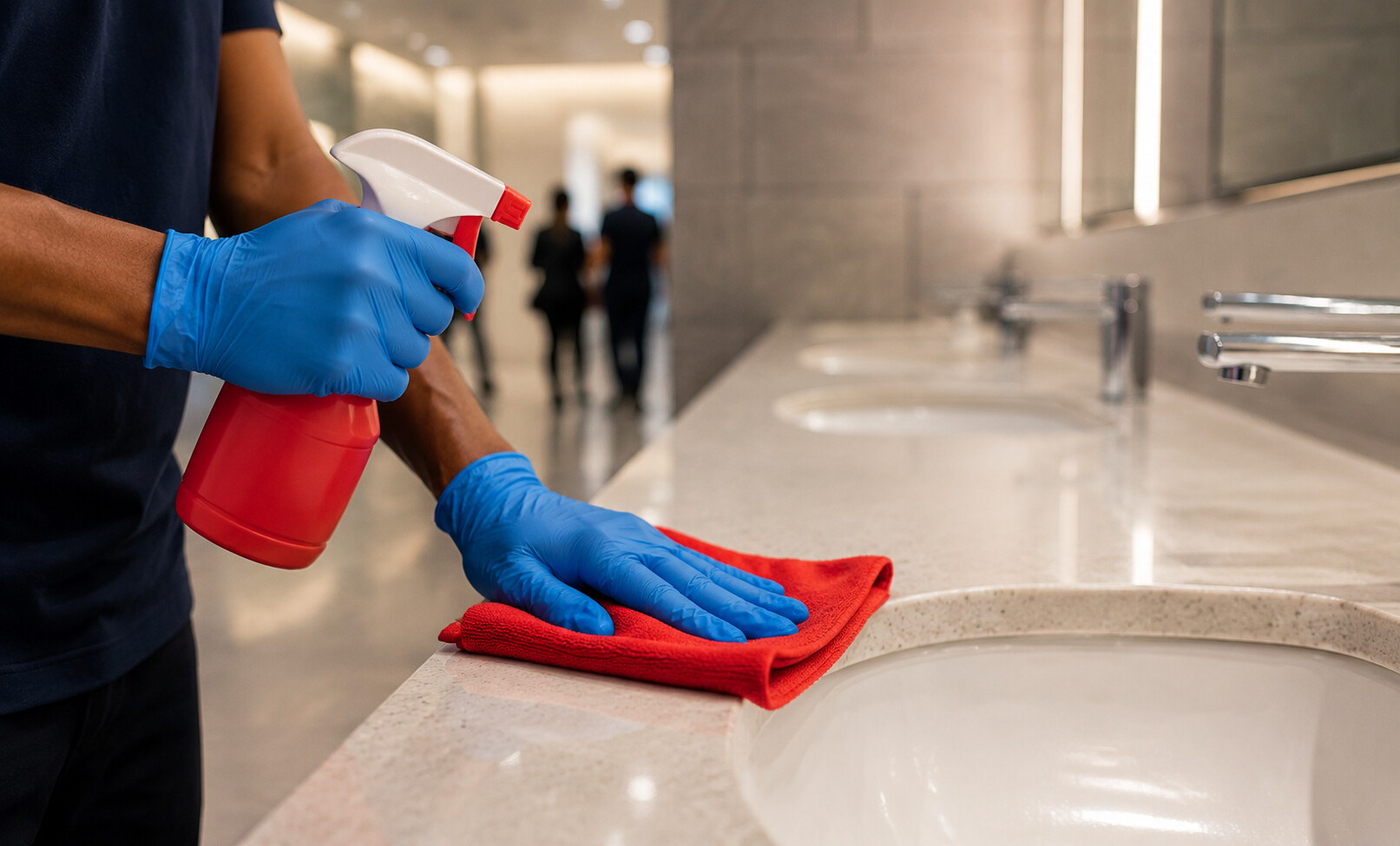 Cleaning a washroom counter